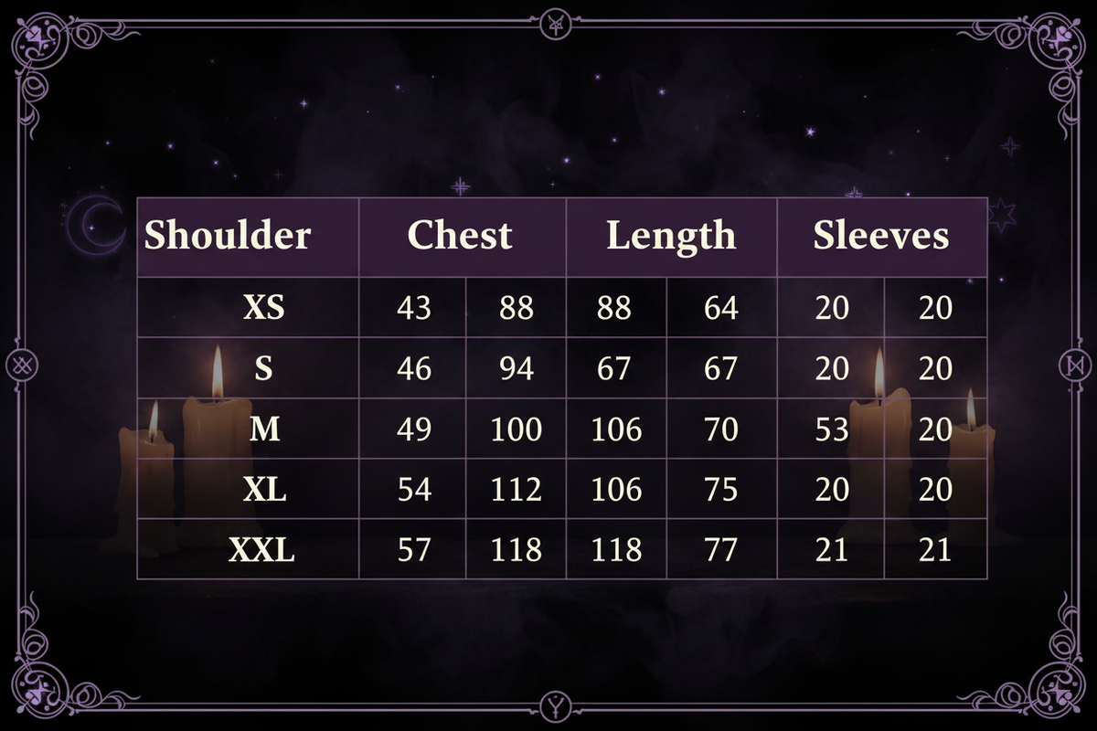 Table with clothing size chart showing measurements for chest, waist, and sleeve length.