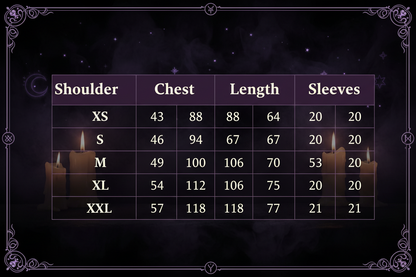 Table with clothing size chart showing measurements for chest, waist, and sleeve length.