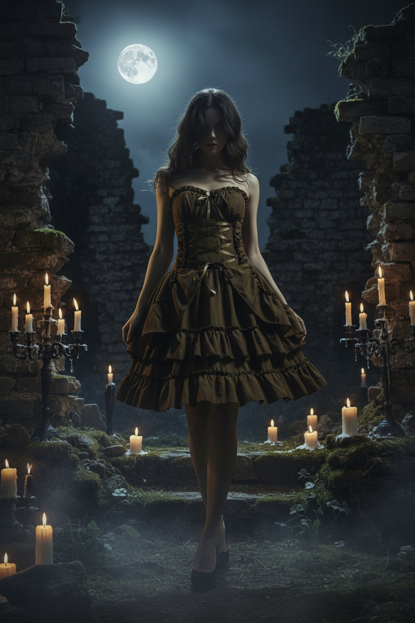 A dark brown high-waisted corset-style dress with a ruffled tiered skirt, lace-up back, and satin ribbon details, shown against a plain white background.