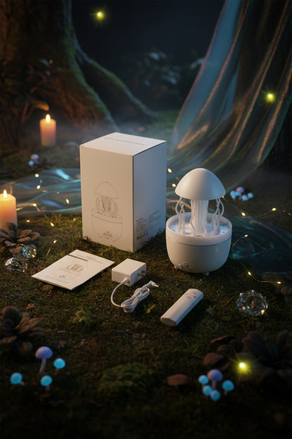 Raindrop aroma diffuser with packaging, power adapter, remote control, and instruction manual on a white background.