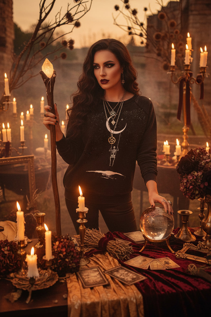 Funky Print Halloween Skull Sweatshirt for Women Sorceress Sanctuary