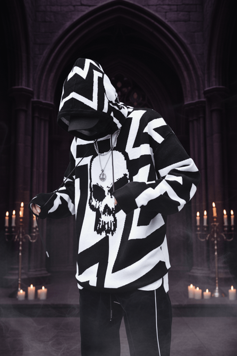 A person wearing a black and white zip-up hoodie with a large skull graphic on the front, styled with a black cap, black gloves, and a silver pendant necklace, standing against a concrete wall.