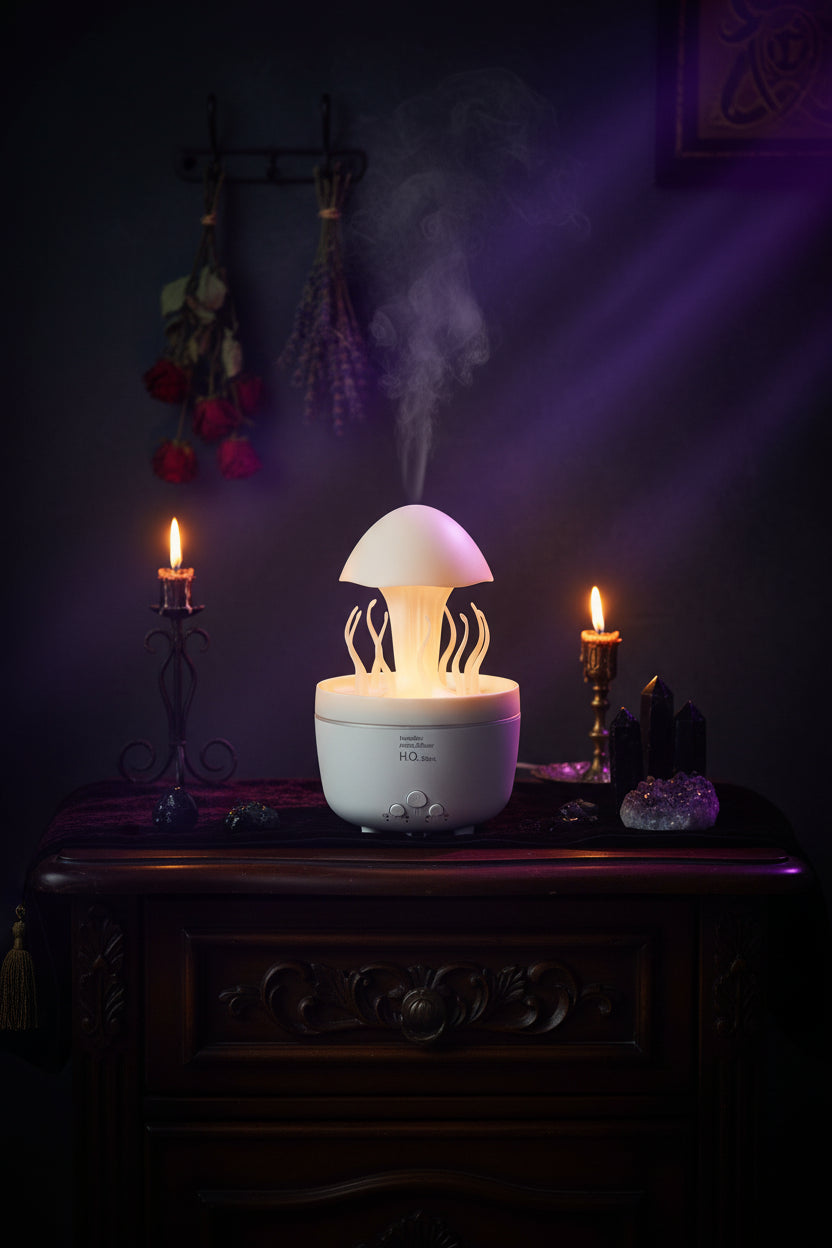 A white humidifier and aroma diffuser with a mushroom cap design on top of a round base, shown on a plain white background.
