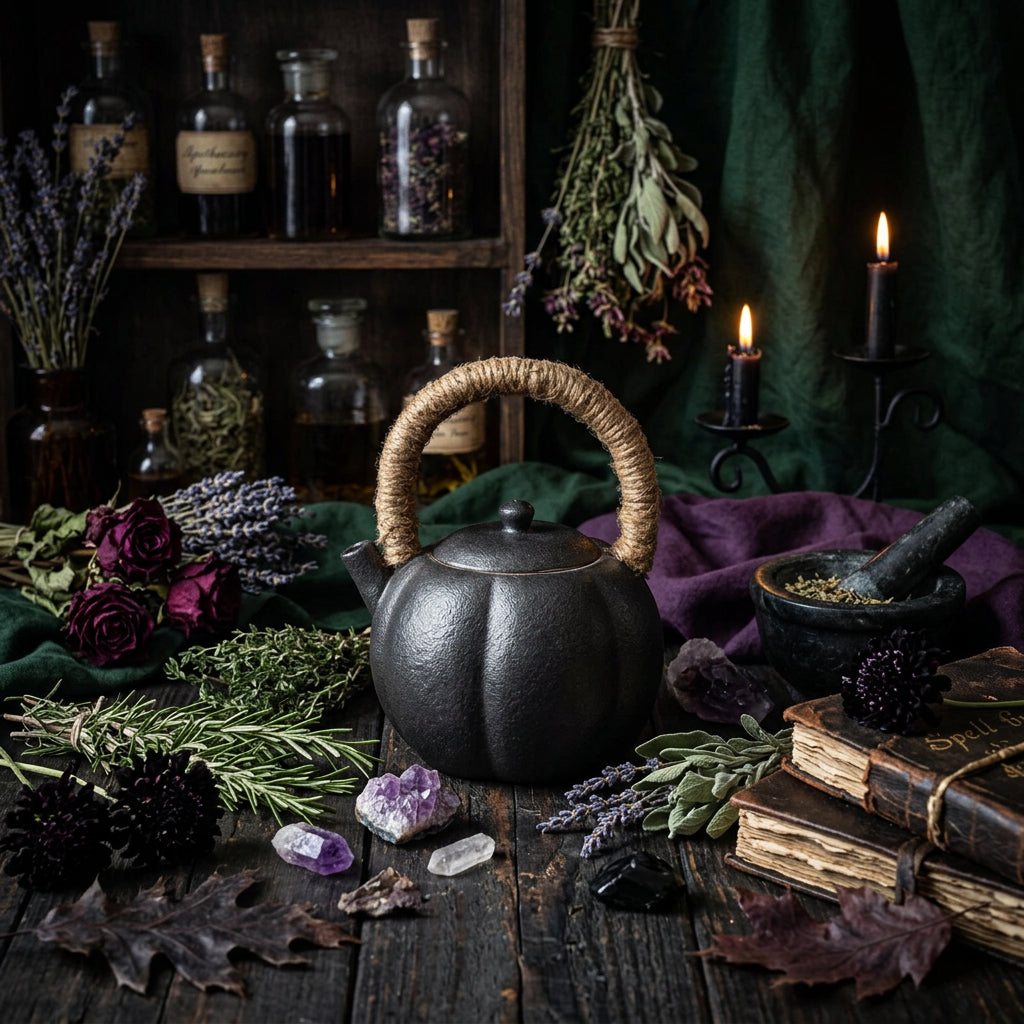 Black teapot with a woven handle on a gray background