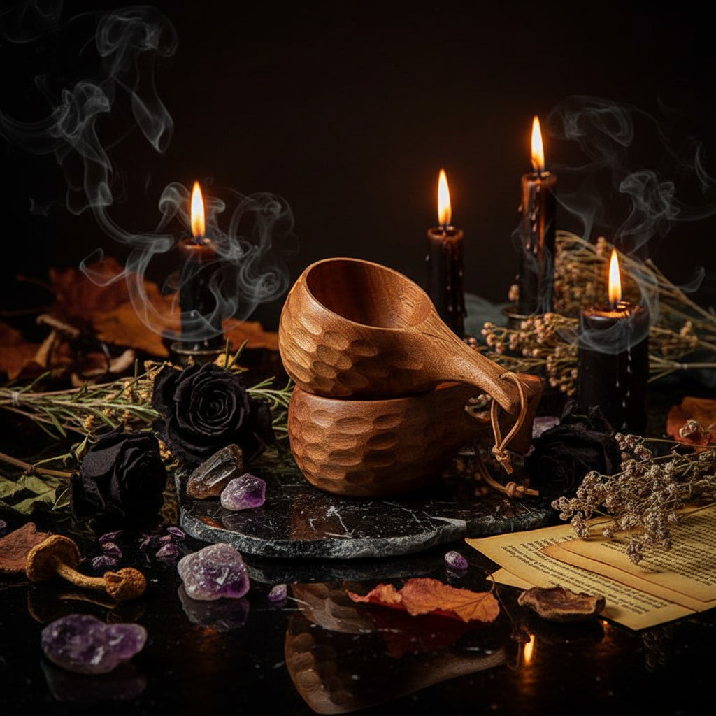 Wooden measuring cup and spoon set on a dark surface with a blurred natural background