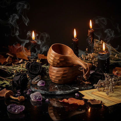 Wooden measuring cup and spoon set on a dark surface with a blurred natural background