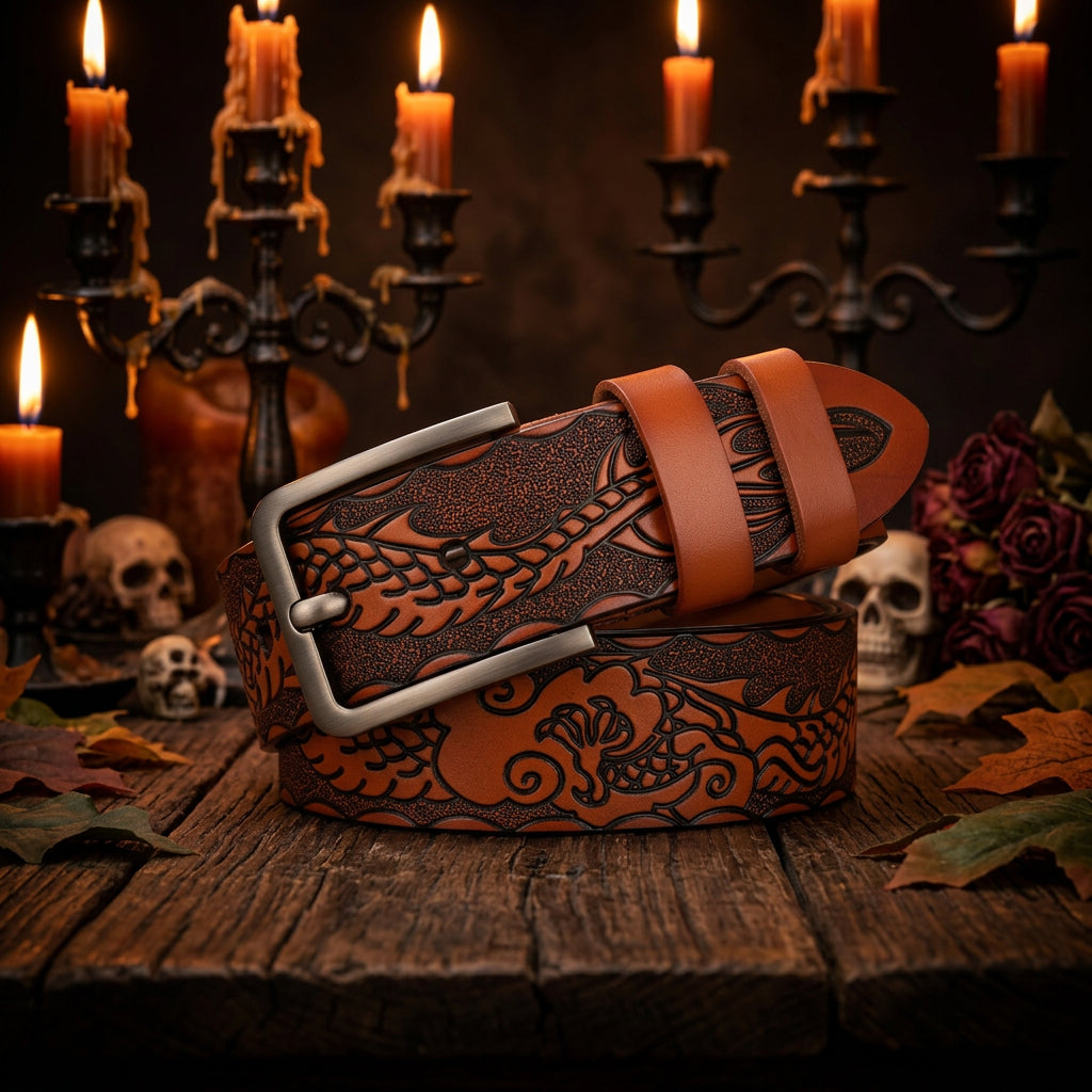 Two brown leather belts with intricate patterns and metal buckles on a white background