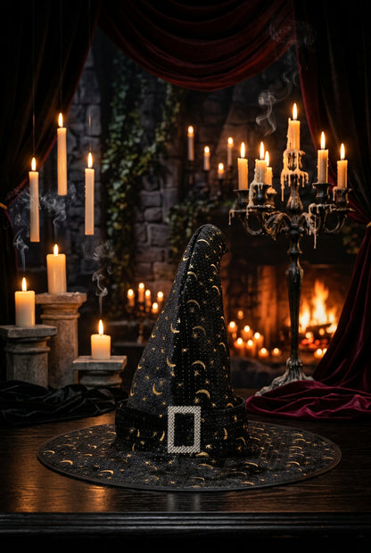 Black witch hat on a light gray surface with a plain background