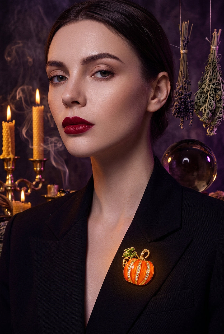 Cute Rhinestone Pumpkin Brooch Pin for Halloween Accessory Sorceress Sanctuary