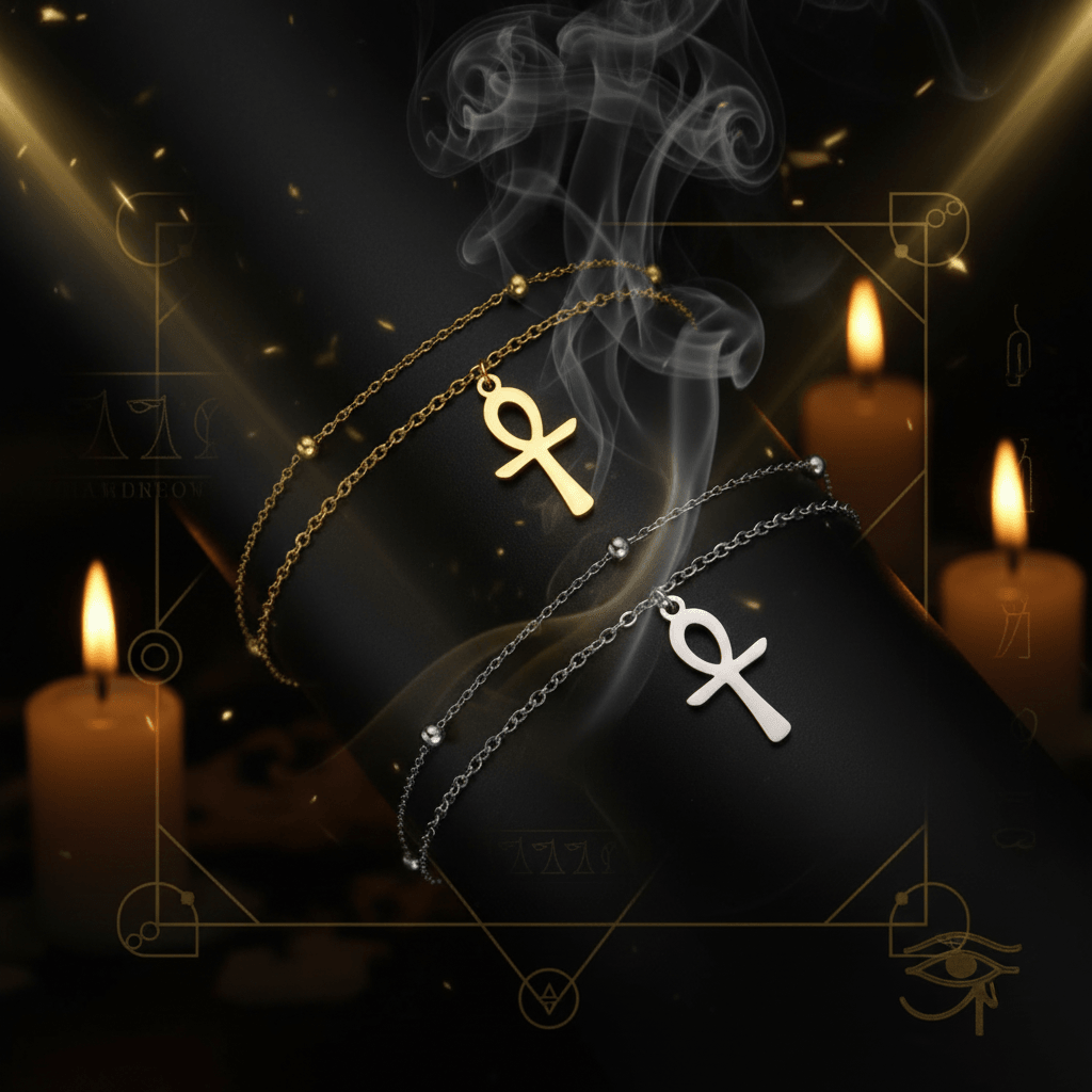 Three delicate chain bracelets with Ankh pendant charms are arranged on a black cylindrical display. The top bracelet is gold-tone, the middle is silver-tone, and the bottom is dark gunmetal gray-tone.