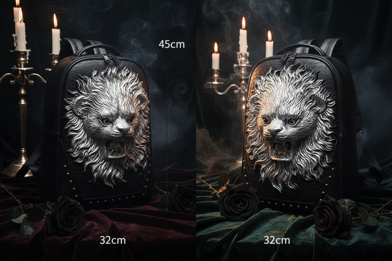 Black backpack with a lion design, shown from front and side views with measurements.