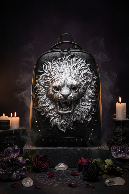 Black backpack with a large white lion face graphic on the front, shown with dimension lines and text indicating a height of 45cm.