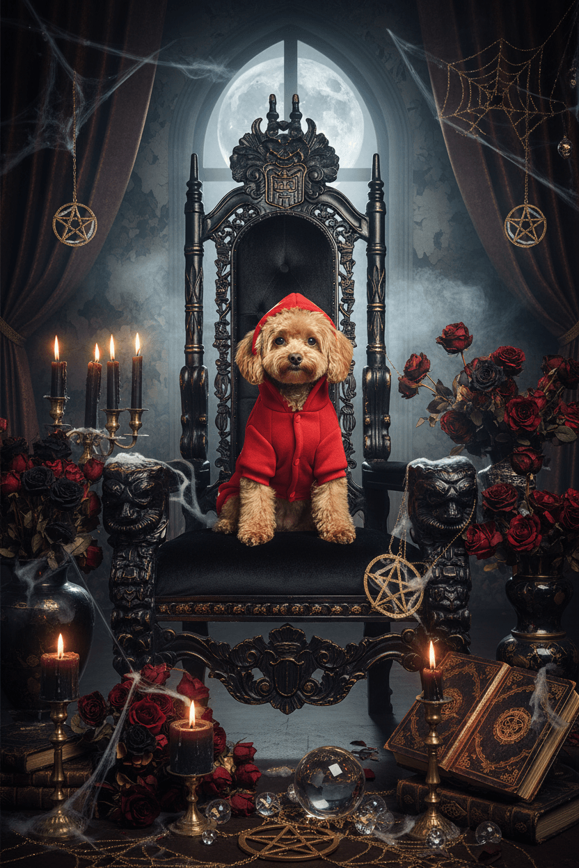 A small beige dog modeling a red hooded sweatshirt with a white skeleton print, shown from multiple angles on a plain white background.