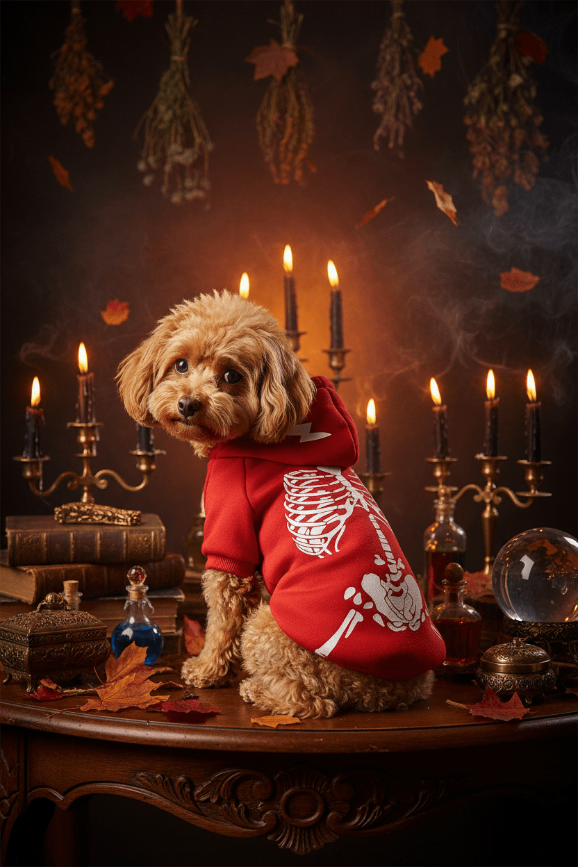A small beige dog modeling a red hooded sweatshirt with a white skeleton print, shown from multiple angles on a plain white background.