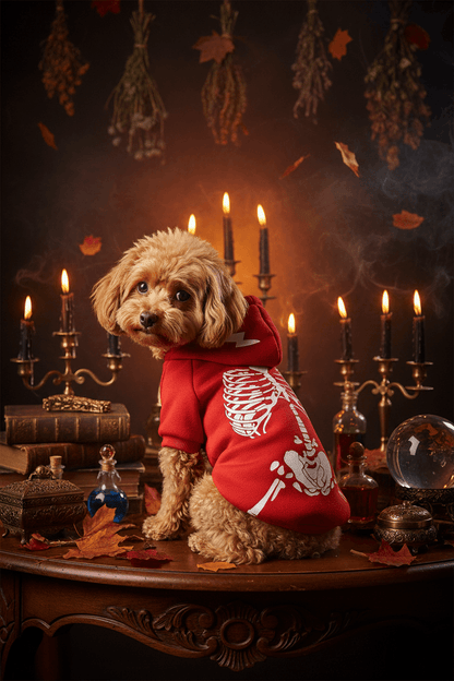 A small beige dog modeling a red hooded sweatshirt with a white skeleton print, shown from multiple angles on a plain white background.