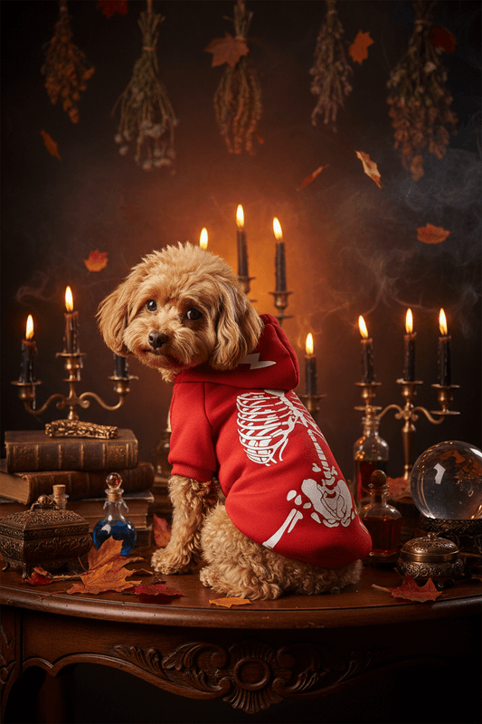 A small beige dog modeling a red hooded sweatshirt with a white skeleton print, shown from multiple angles on a plain white background.
