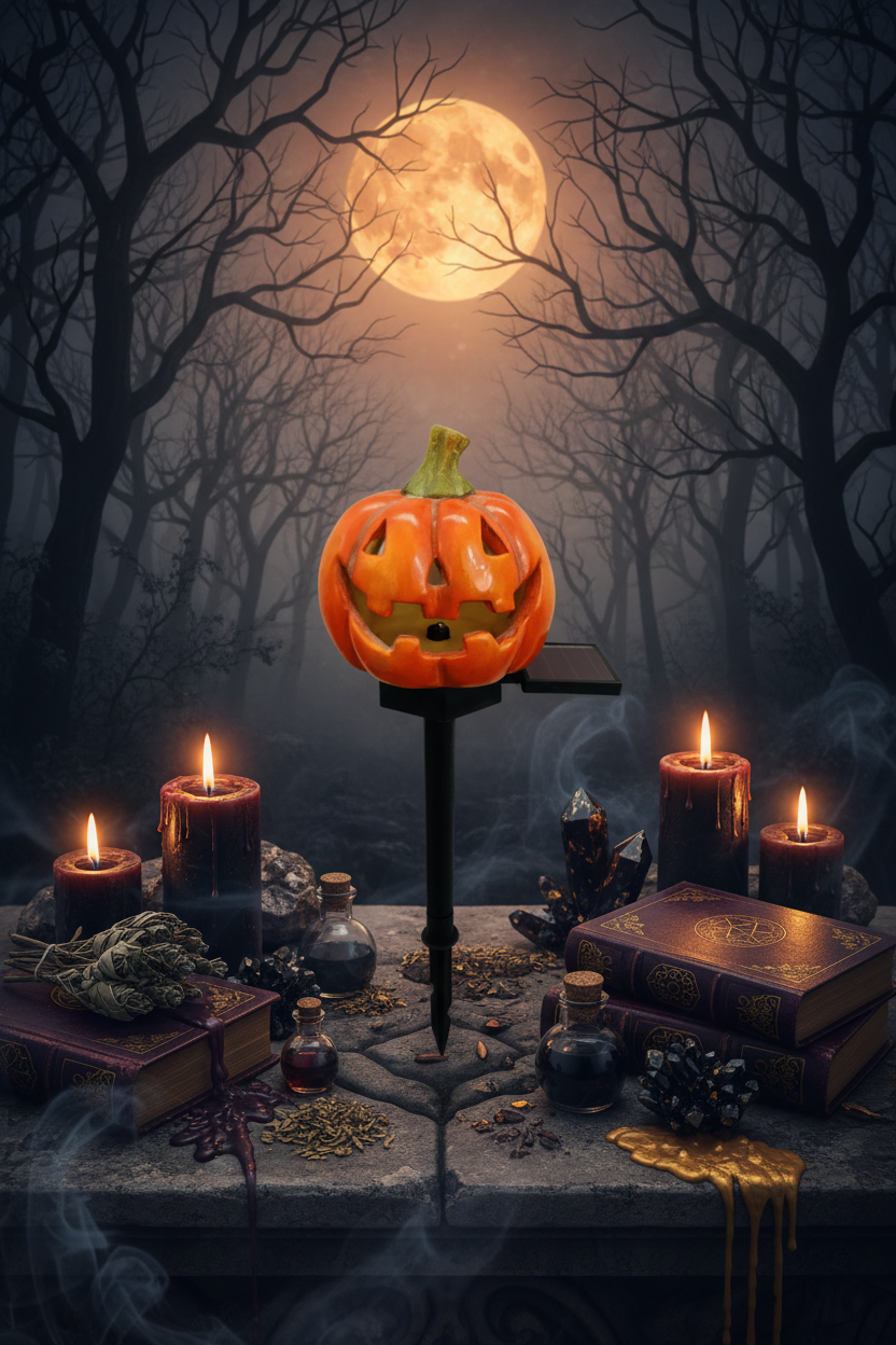 An orange jack-o'-lantern Halloween yard light with a carved face, green stem, and a small solar panel on the side, mounted on a black stake. The left side is isolated on a white background, while the right side shows a small inset of the light placed outdoors near rocks and plants.