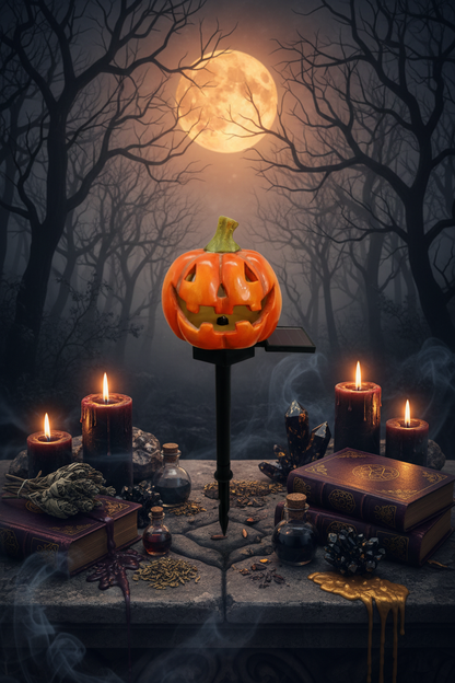 An orange jack-o'-lantern Halloween yard light with a carved face, green stem, and a small solar panel on the side, mounted on a black stake. The left side is isolated on a white background, while the right side shows a small inset of the light placed outdoors near rocks and plants.