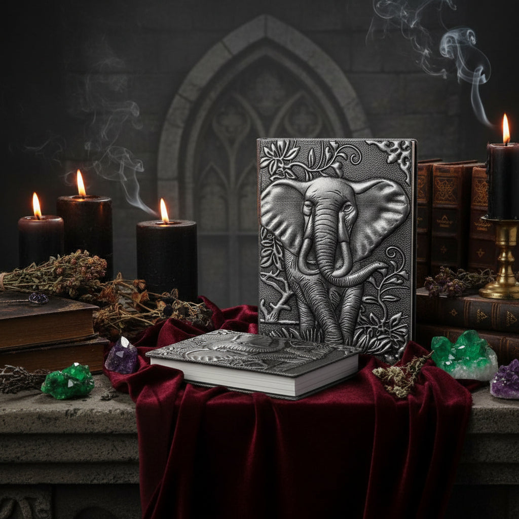 Two embossed elephant-themed notebooks or journals with a textured gray and silver finish, standing upright on a white surface with a clock and small plant in the background.