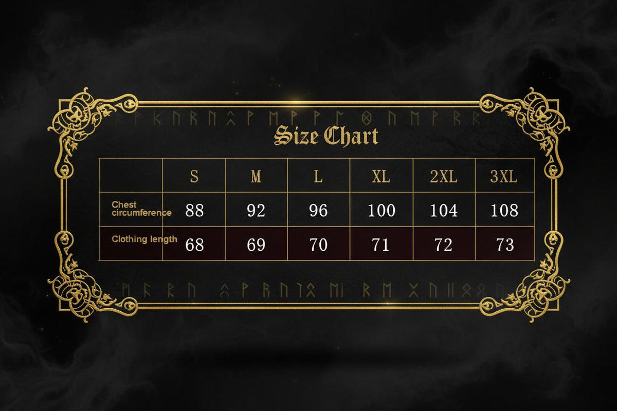 A small size chart table showing chest circumference and clothing length measurements for S, M, L, XL, 2XL, and 3XL sizes.