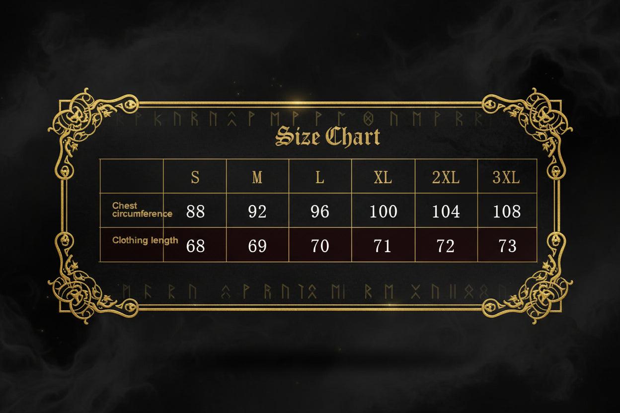 A small size chart table showing chest circumference and clothing length measurements for S, M, L, XL, 2XL, and 3XL sizes.