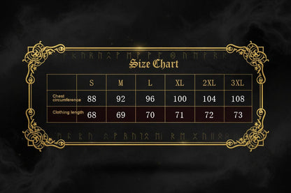 A small size chart table showing chest circumference and clothing length measurements for S, M, L, XL, 2XL, and 3XL sizes.