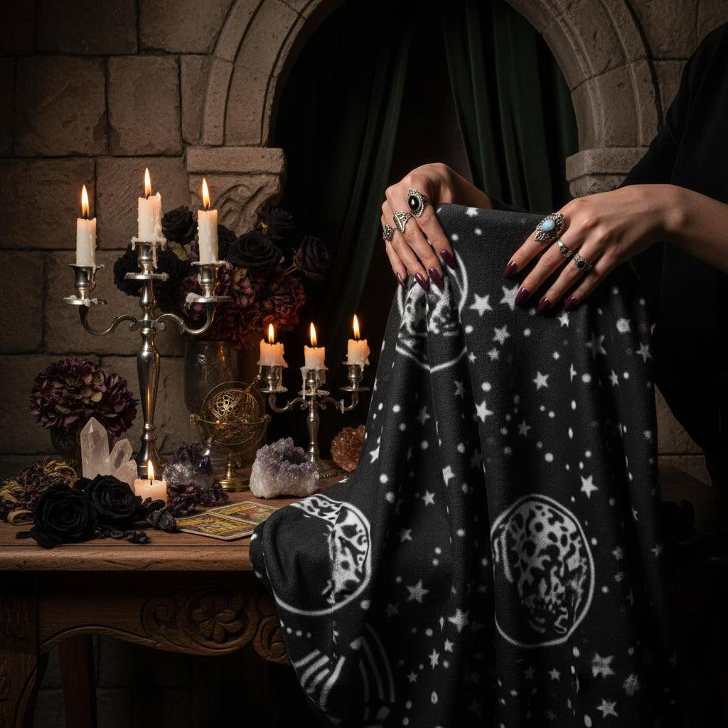 A folded blanket with a black and white celestial pattern featuring stars, planets, and zebra stripes, showing a white sherpa lining on the underside.