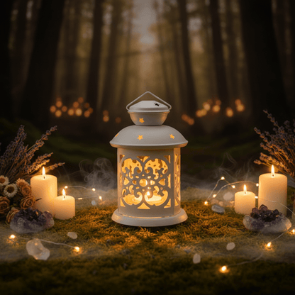 An off-white metal lantern with intricate cutout patterns, shown alongside its matching base lid on a textured gray surface.