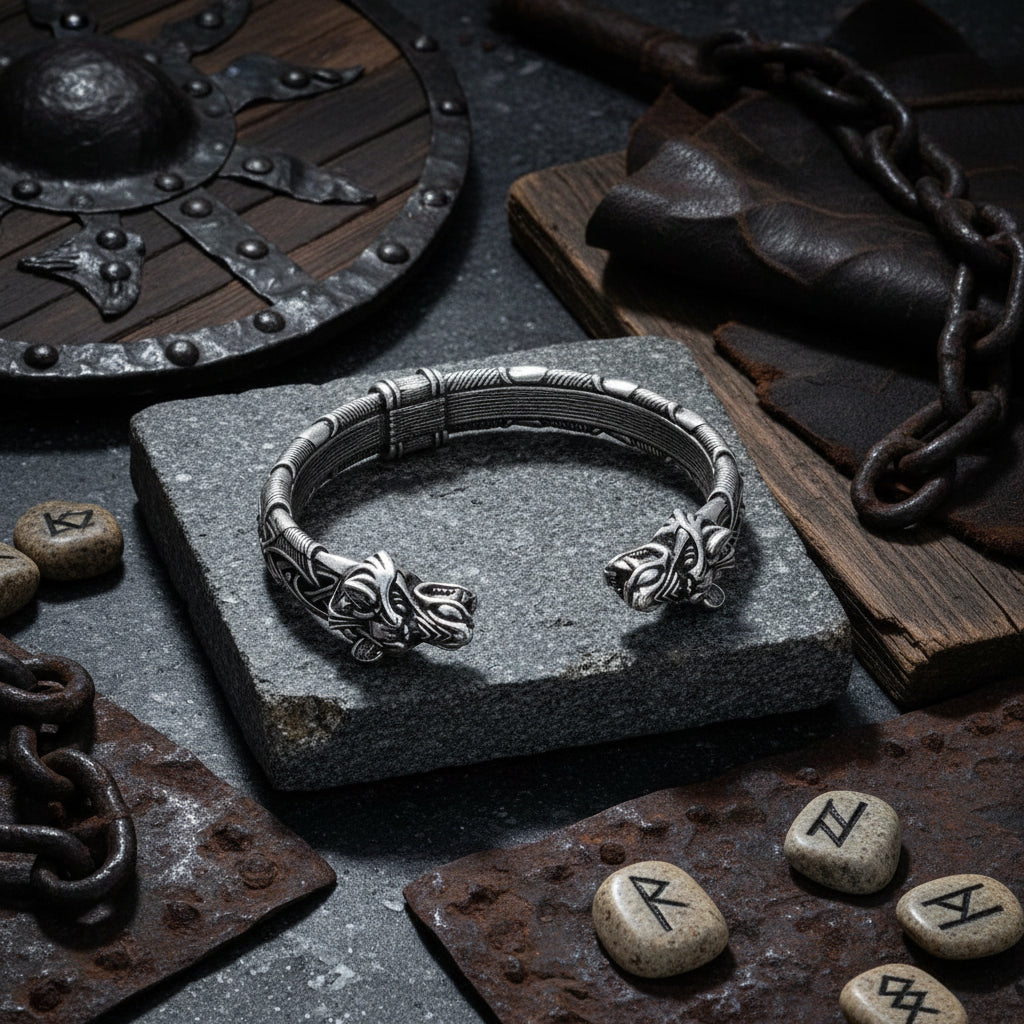 Silver bracelet with lion head designs on a wooden surface