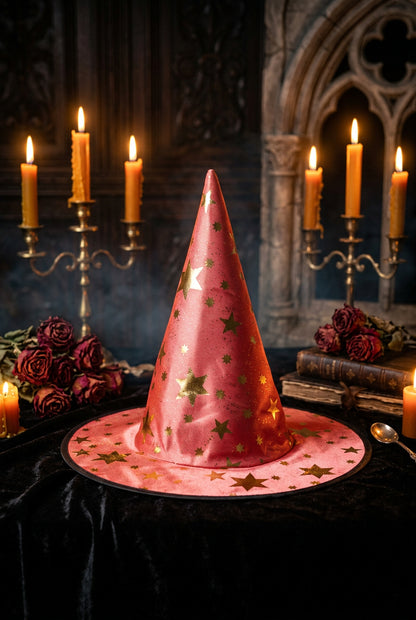 Red witch hat with gold stars on a gray background