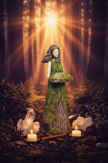 Frost Standing Girl Statue with Bird Feed Bowl Decor Sorceress Sanctuary