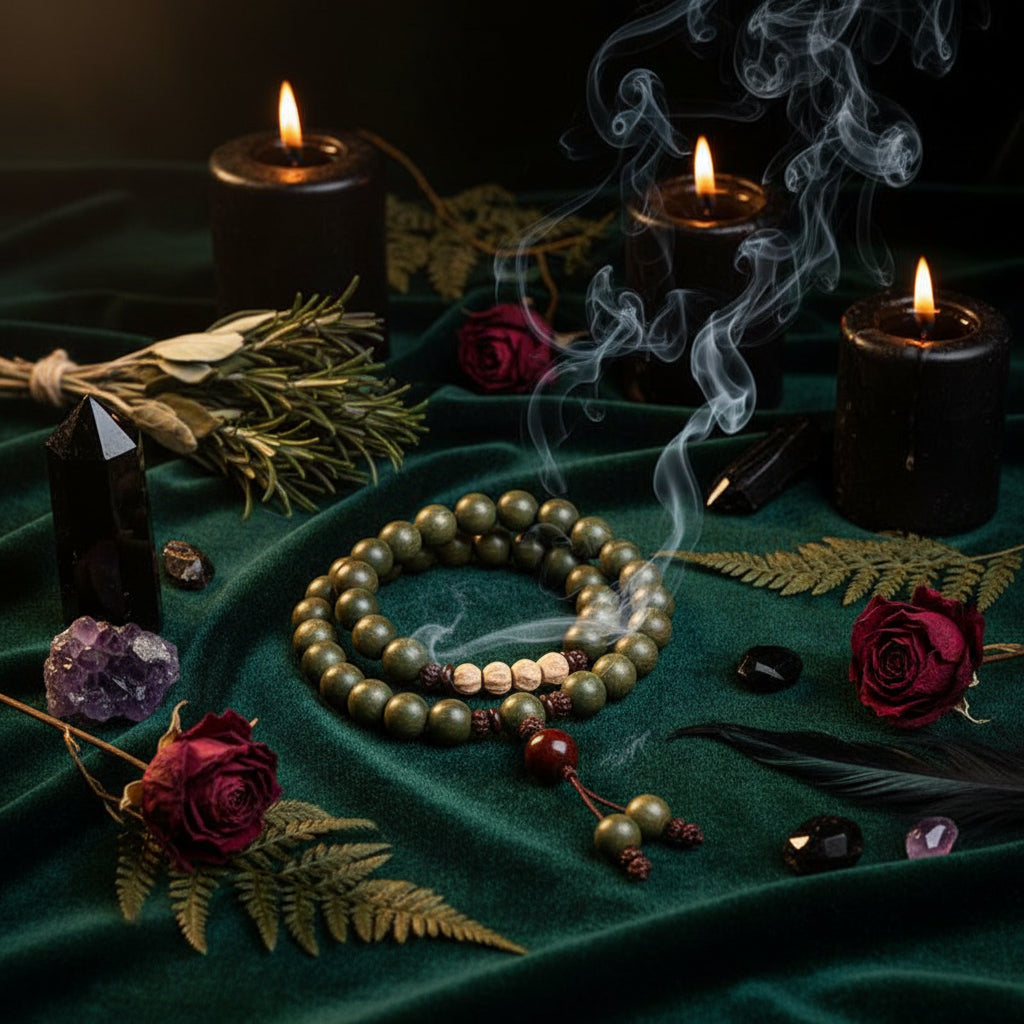 Green beaded bracelet with a wooden bead on a light background