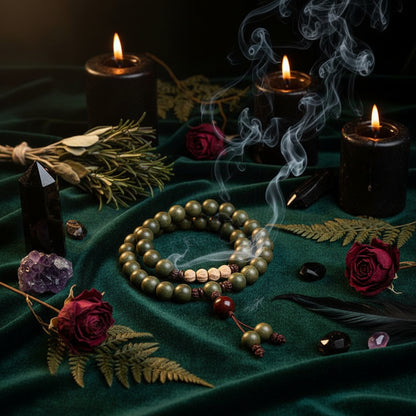 Green beaded bracelet with a wooden bead on a light background