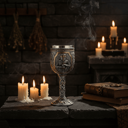 An ornate medieval-style pewter chalice with gold and bronze accents, featuring a knight in armor and a central shield emblem, set against a plain white background.
