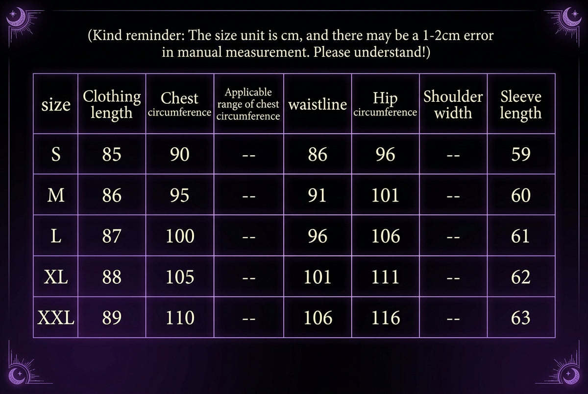 A size chart table for clothing sizing, showing sizes S through XXL with corresponding clothing lengths, chest measurements, waistlines, hip circumferences, shoulder widths, and sleeve lengths.