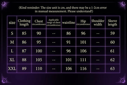 A size chart table for clothing sizing, showing sizes S through XXL with corresponding clothing lengths, chest measurements, waistlines, hip circumferences, shoulder widths, and sleeve lengths.
