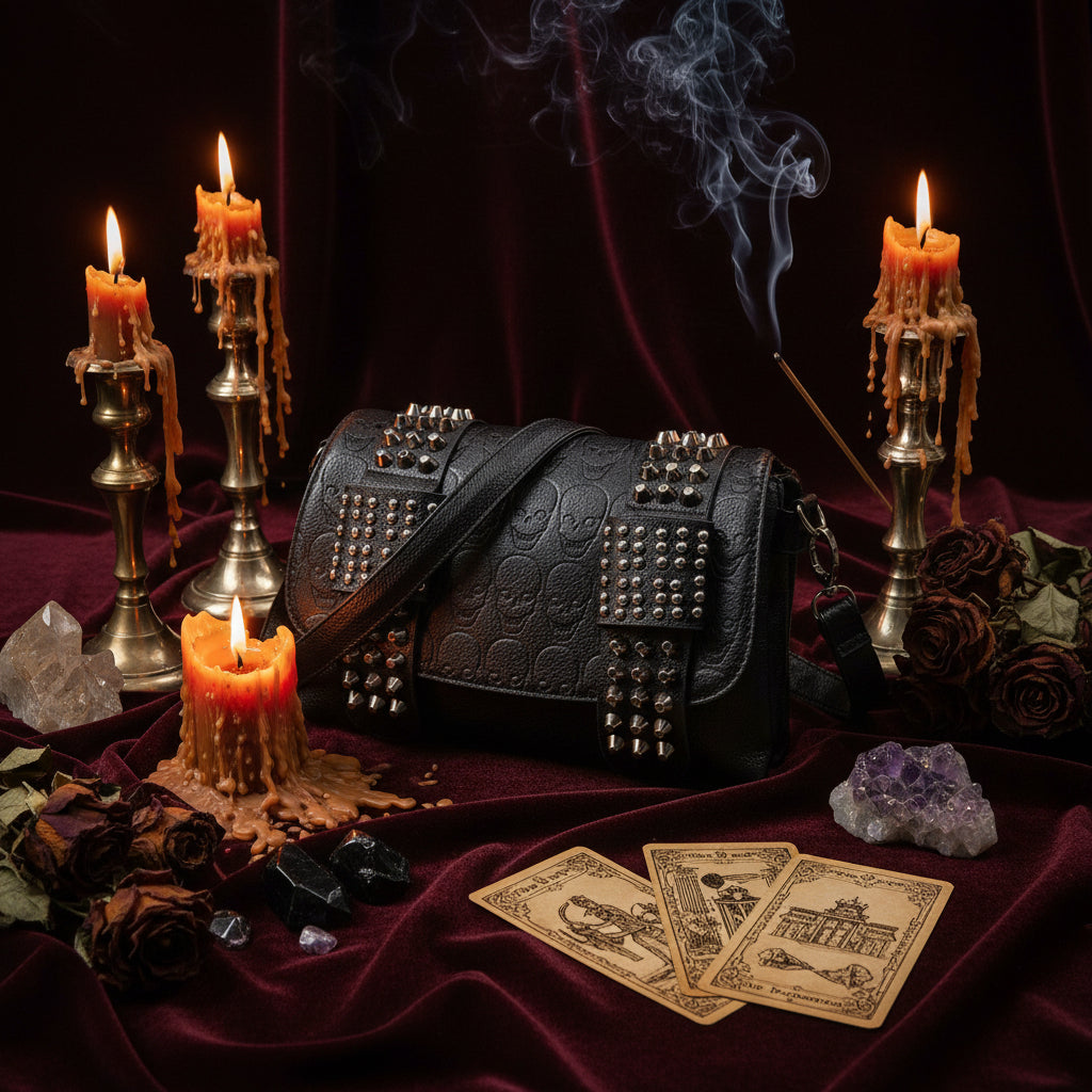 Skull Shoulder Bag, Leather Crossbody with Studs Sorceress Sanctuary