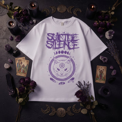 White t-shirt with purple graphic design on a checkered surface