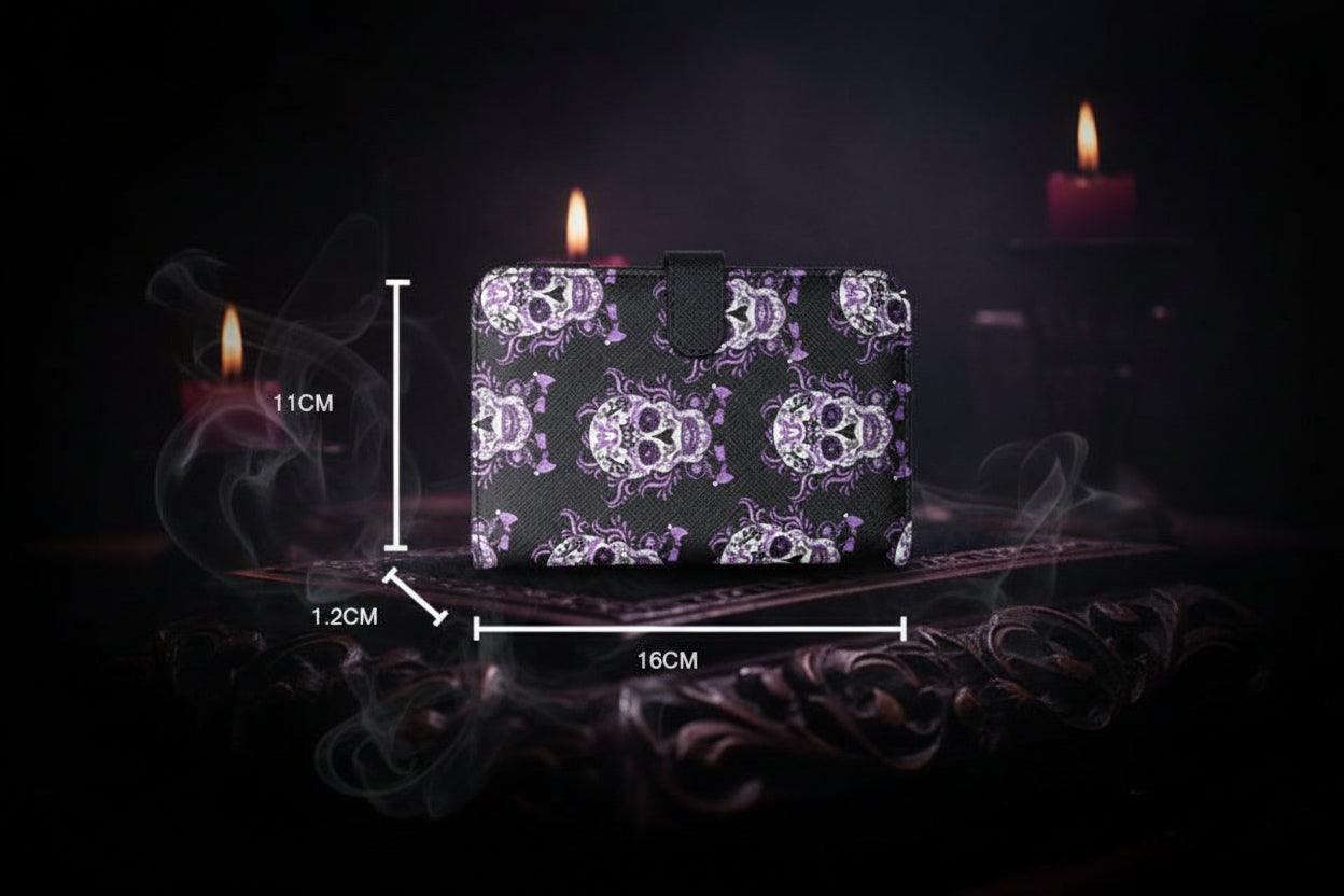 A product dimension diagram showing a black PVC wallet case with a purple sugar flower skull pattern, labeled with measurements of 16cm width, 11cm height, and 1.2cm thickness, with a specification table below.