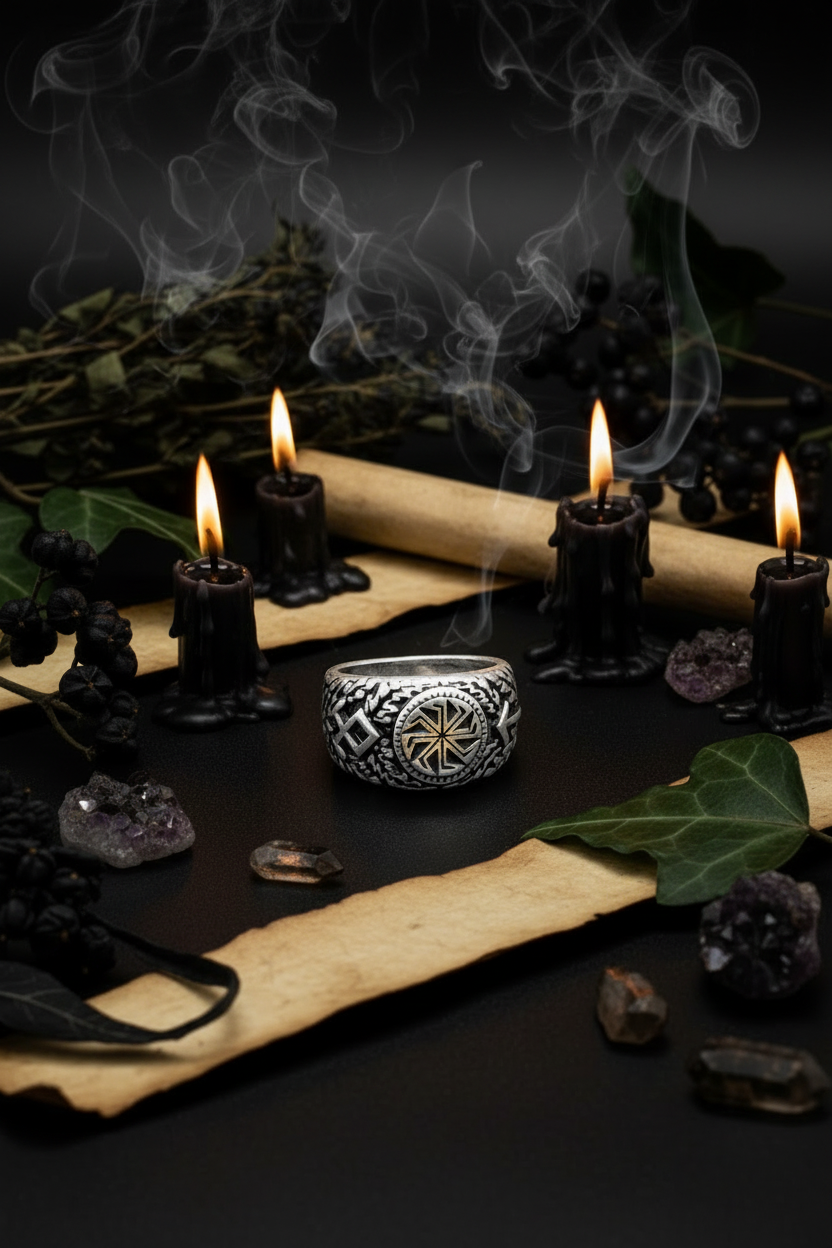 Silver ring with intricate design on a black background