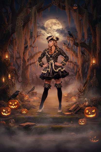 A woman stands in a spooky Halloween forest scene wearing a black pirate-style costume with gold trim, a matching hat, thigh-high stockings, and white heels. The scene includes a full moon, hanging mossy trees, crows, lanterns, and glowing jack-o'-lanterns.