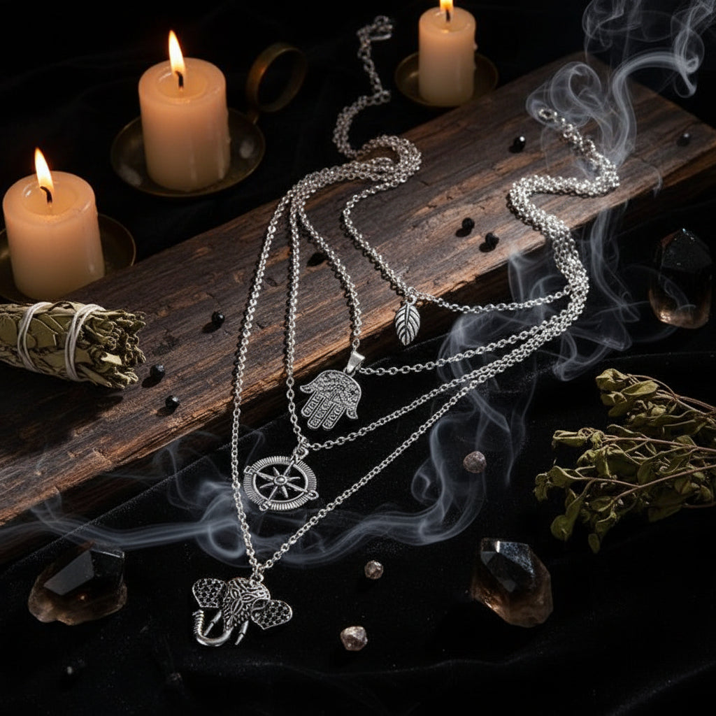 Bohemian Leaf Hand Compass Elephant Layered Necklace Sorceress Sanctuary