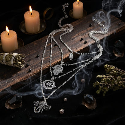 Bohemian Leaf Hand Compass Elephant Layered Necklace Sorceress Sanctuary