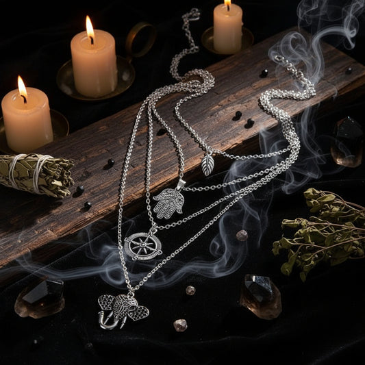 Bohemian Leaf Hand Compass Elephant Layered Necklace Sorceress Sanctuary