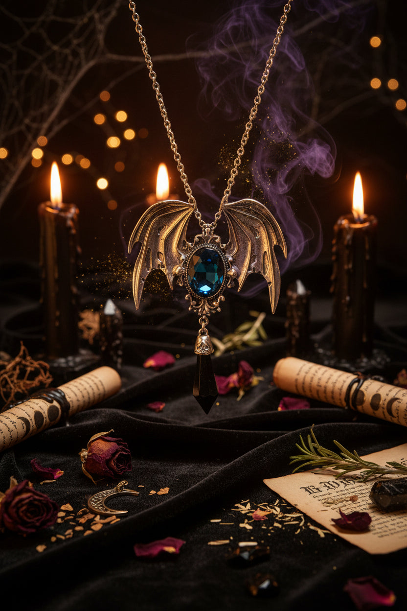 Silver necklace with bat wing design and blue gemstone on a white background