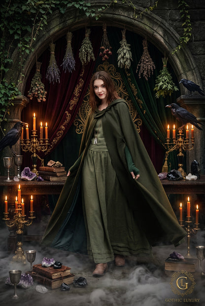 Woman wearing a long green cloak over a dress on a city street.