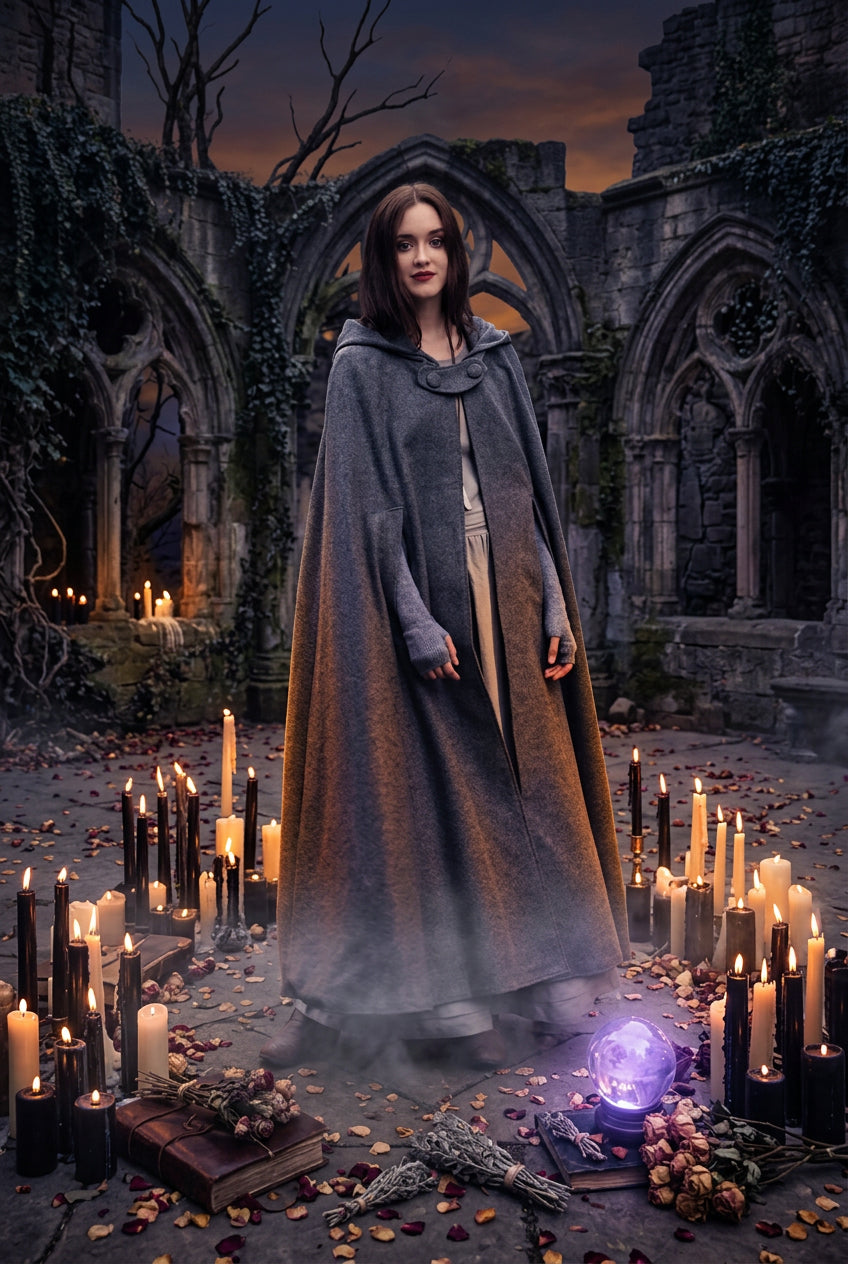 Woman wearing a long gray coat on a city street