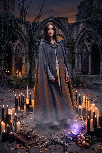 Woman wearing a long gray coat on a city street