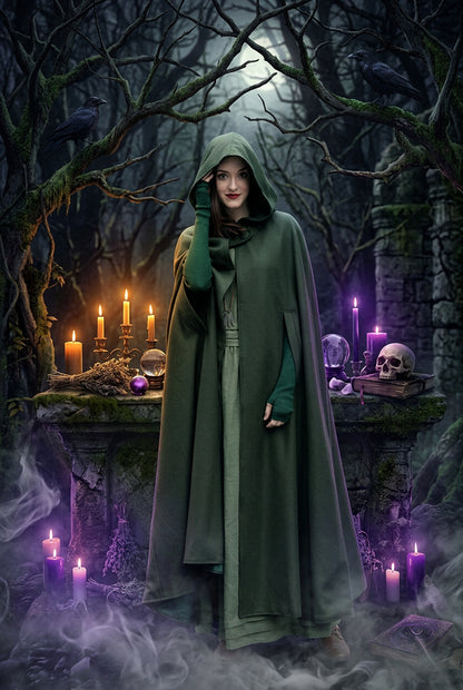 Person wearing a long green cloak on a street