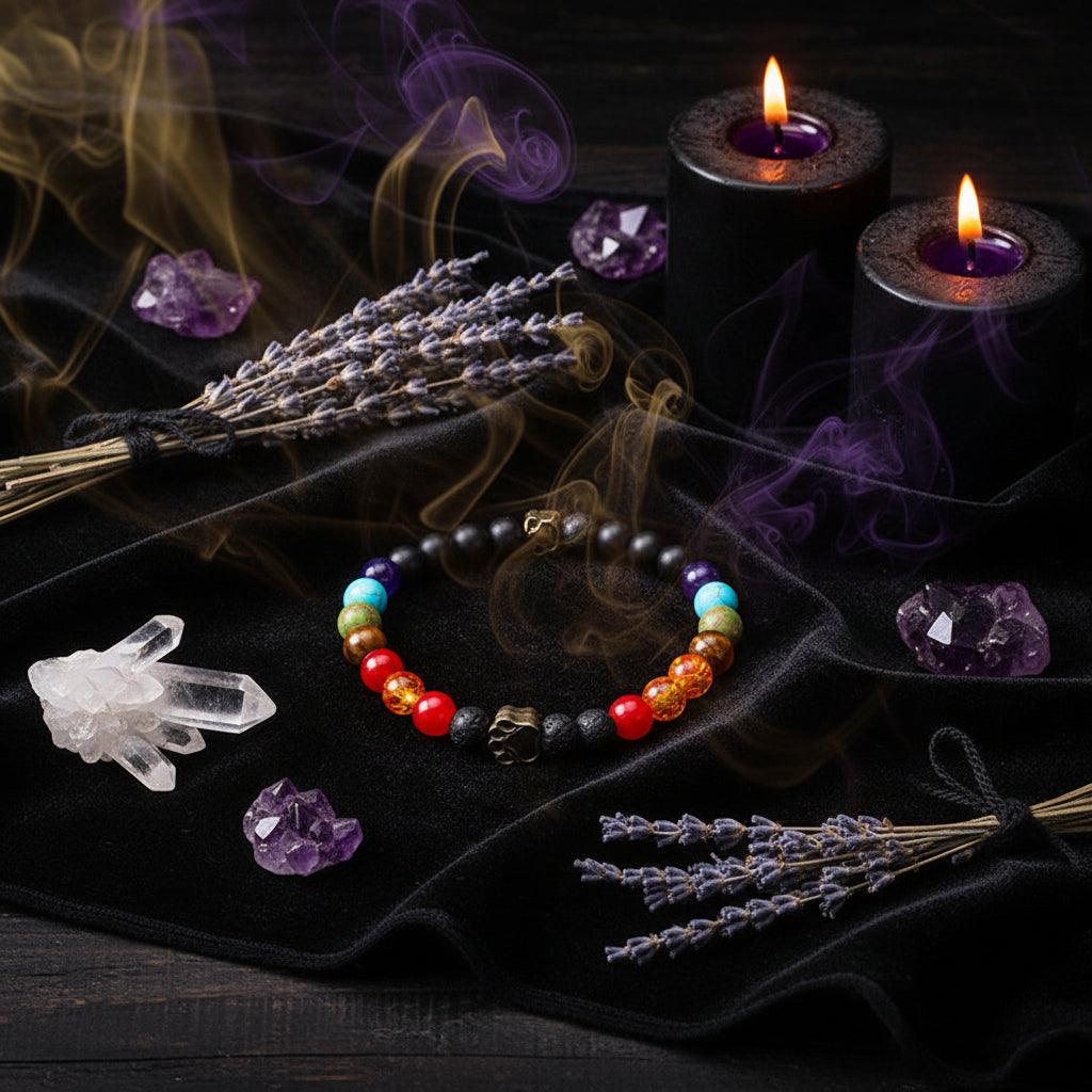 Colorful beaded bracelets with paw charm on a pink surface